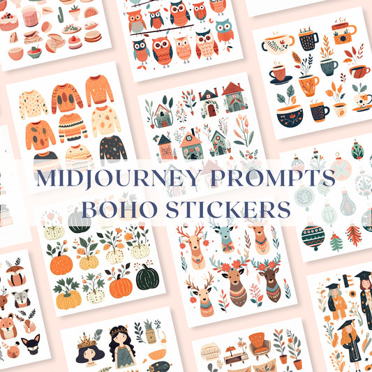 Midjourney Prompts Boho Stickers AI Guide Journal Sticker Set Midjourney Prompts for Sticker Bohemian Vector Christmas Sticker Aesthetic Art