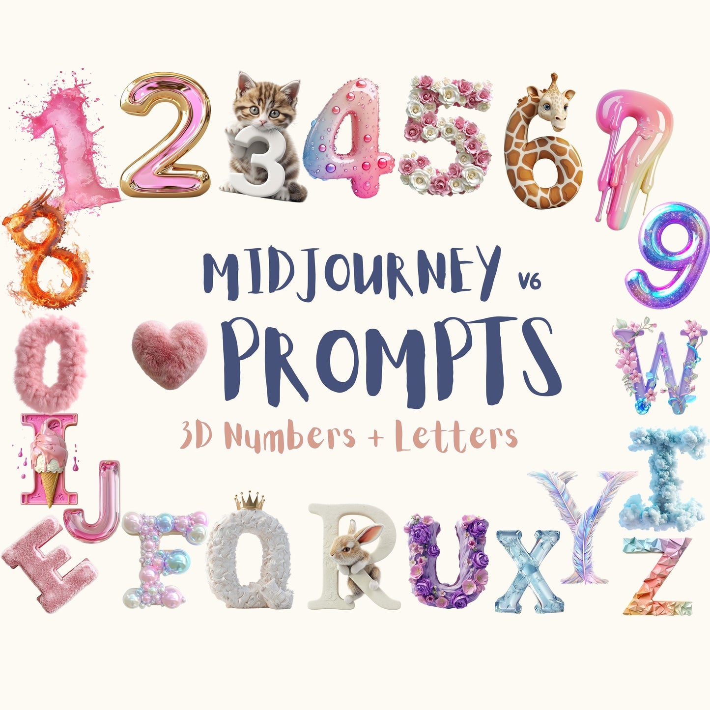 Midjourney Prompts for Letters Numbers Cliparts Alphabets AI Prompt for Birthday Wedding Party Midjourney Prompt 3D Letter Design Stickers