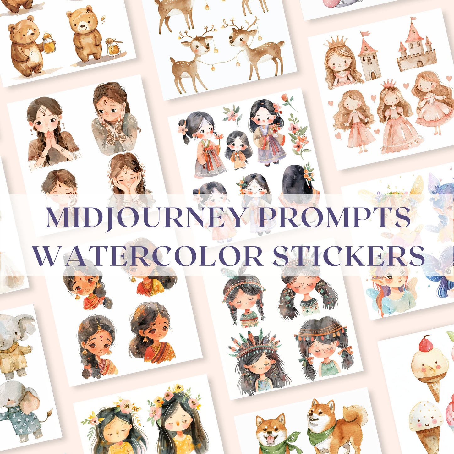 Midjourney Prompts Watercolor Stickers AI Guide Journal Stickers Midjourney Prompts for Sticker Prompt Watercolor Character Cute Animals